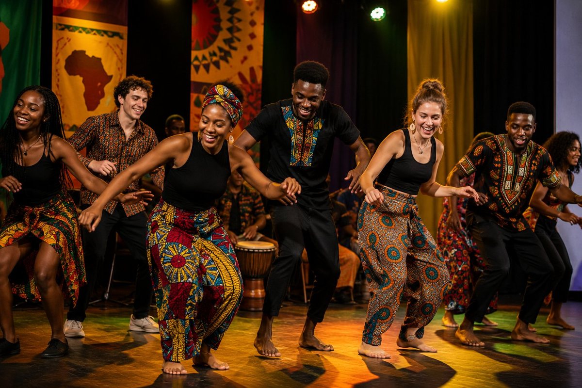 Students performing a vibrant African dance on stage in traditional dress