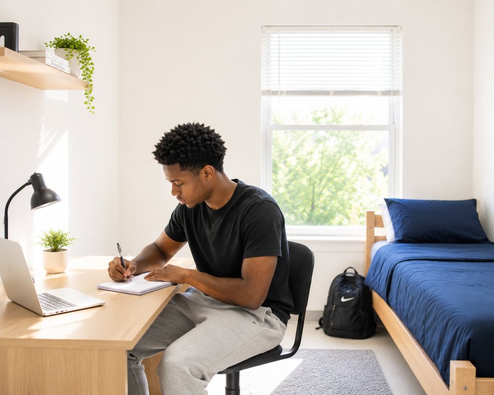 A male student studying in his dormitory room