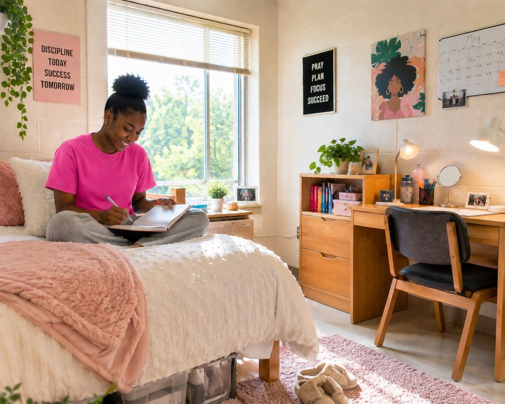 A female student studying in her dormitory room