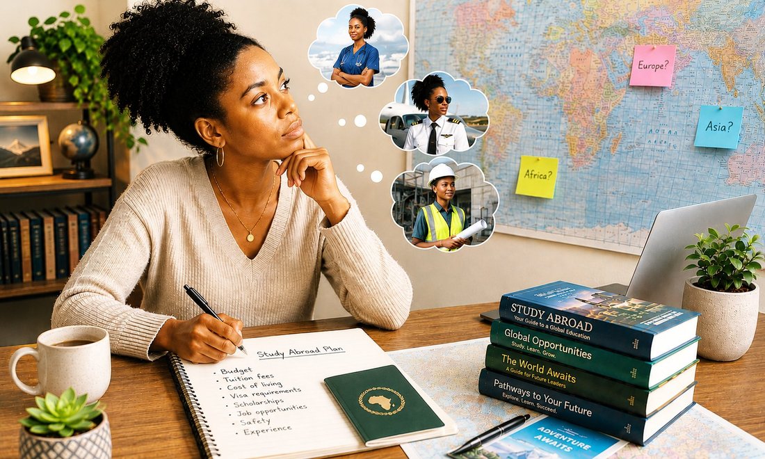 A student planning her study-abroad future, imagining careers as a nurse, pilot and engineer