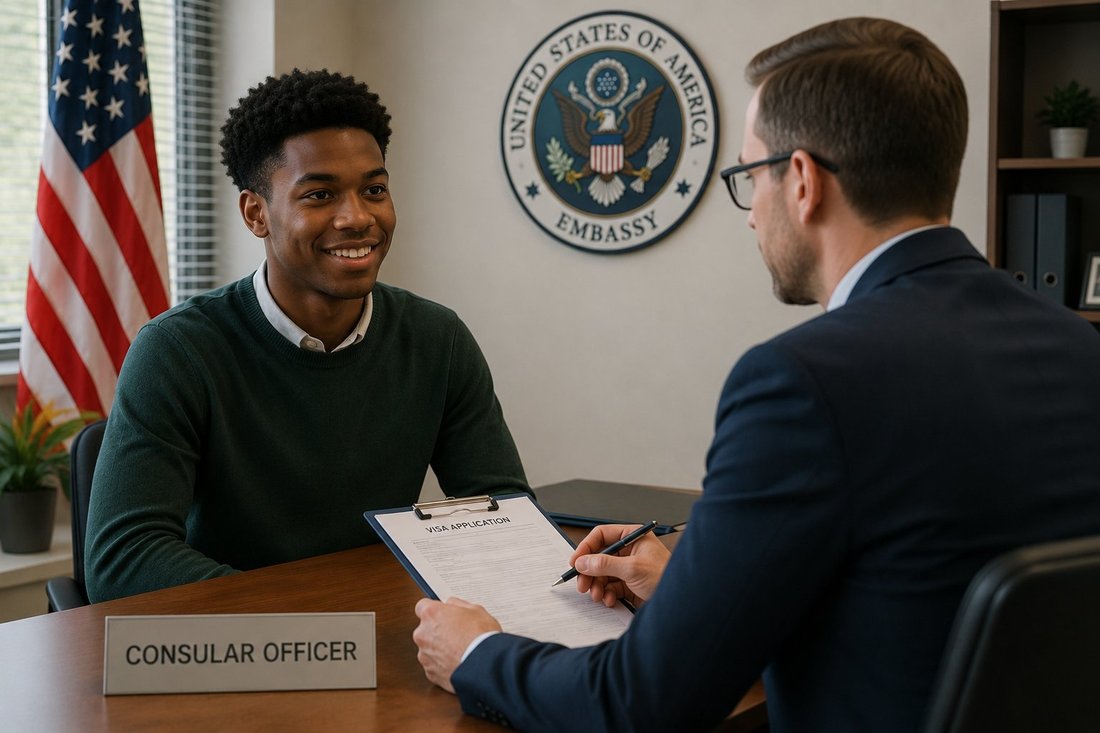 A student in a calm, confident visa interview with a consular officer