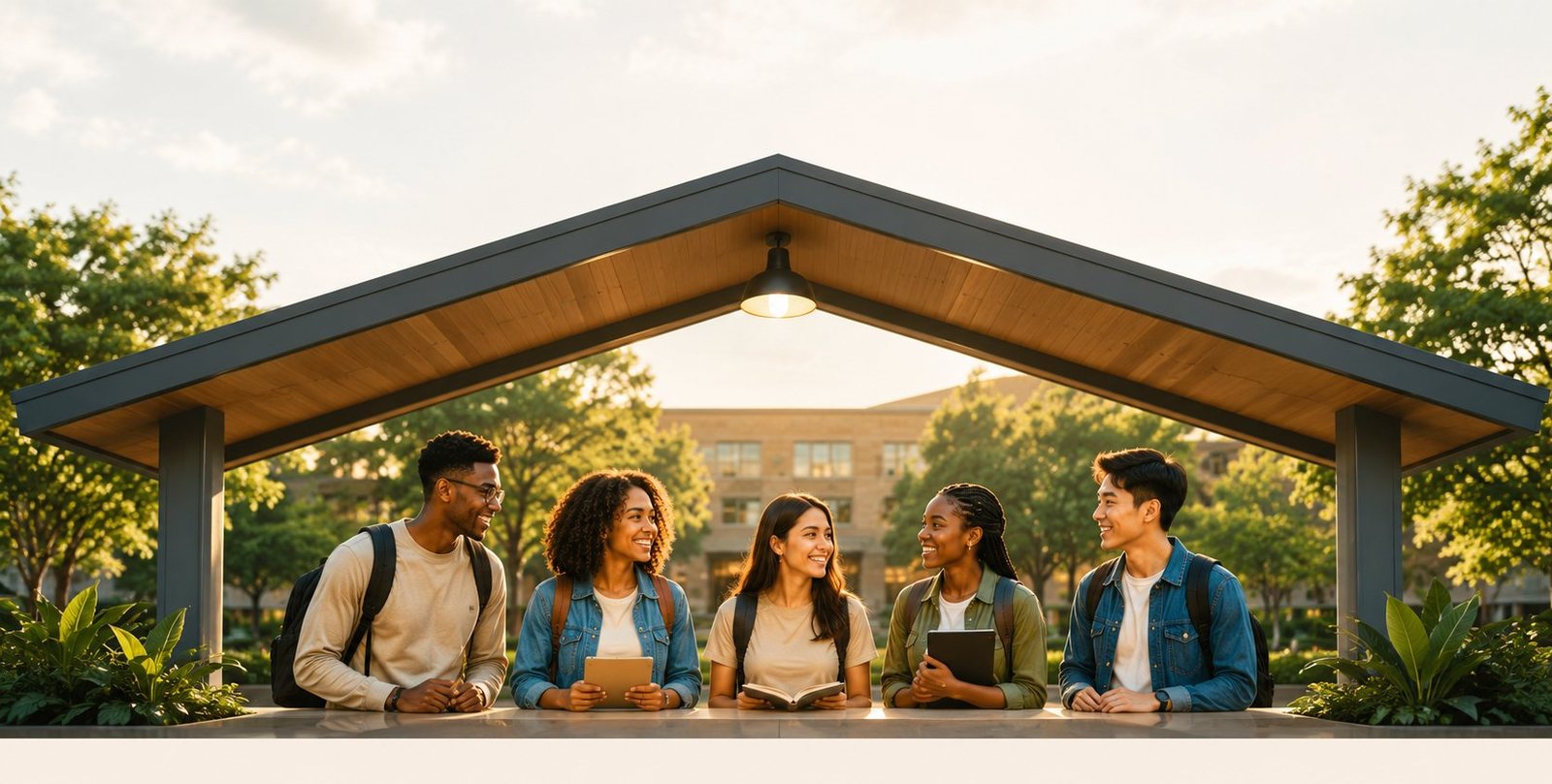 Students gathering and talking under a campus pavilion