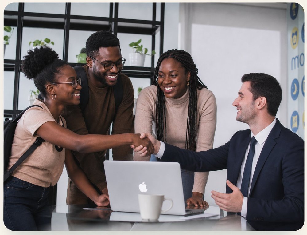 African students shaking hands with an Academic Now Foundation advisor